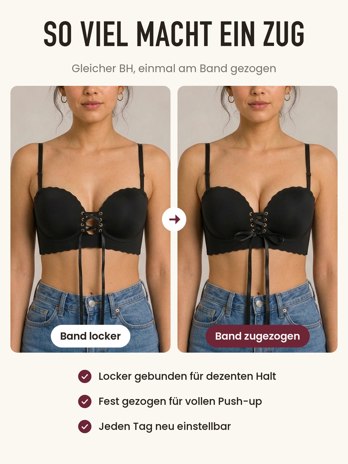 Vorher und nachher: Band locker gegen Band zugezogen, sichtbar mehr Push-up