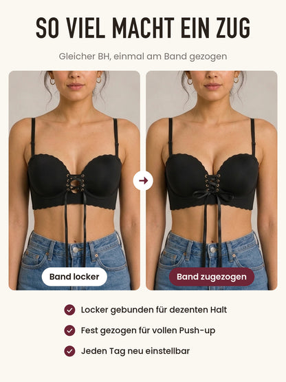 Vorher und nachher: Band locker gegen Band zugezogen, sichtbar mehr Push-up