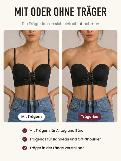Mit oder ohne Träger: derselbe BH mit Trägern und trägerlos getragen
