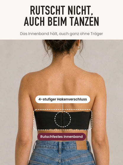 Rückansicht trägerlos: rutschfestes Innenband und 4-stufiger Hakenverschluss