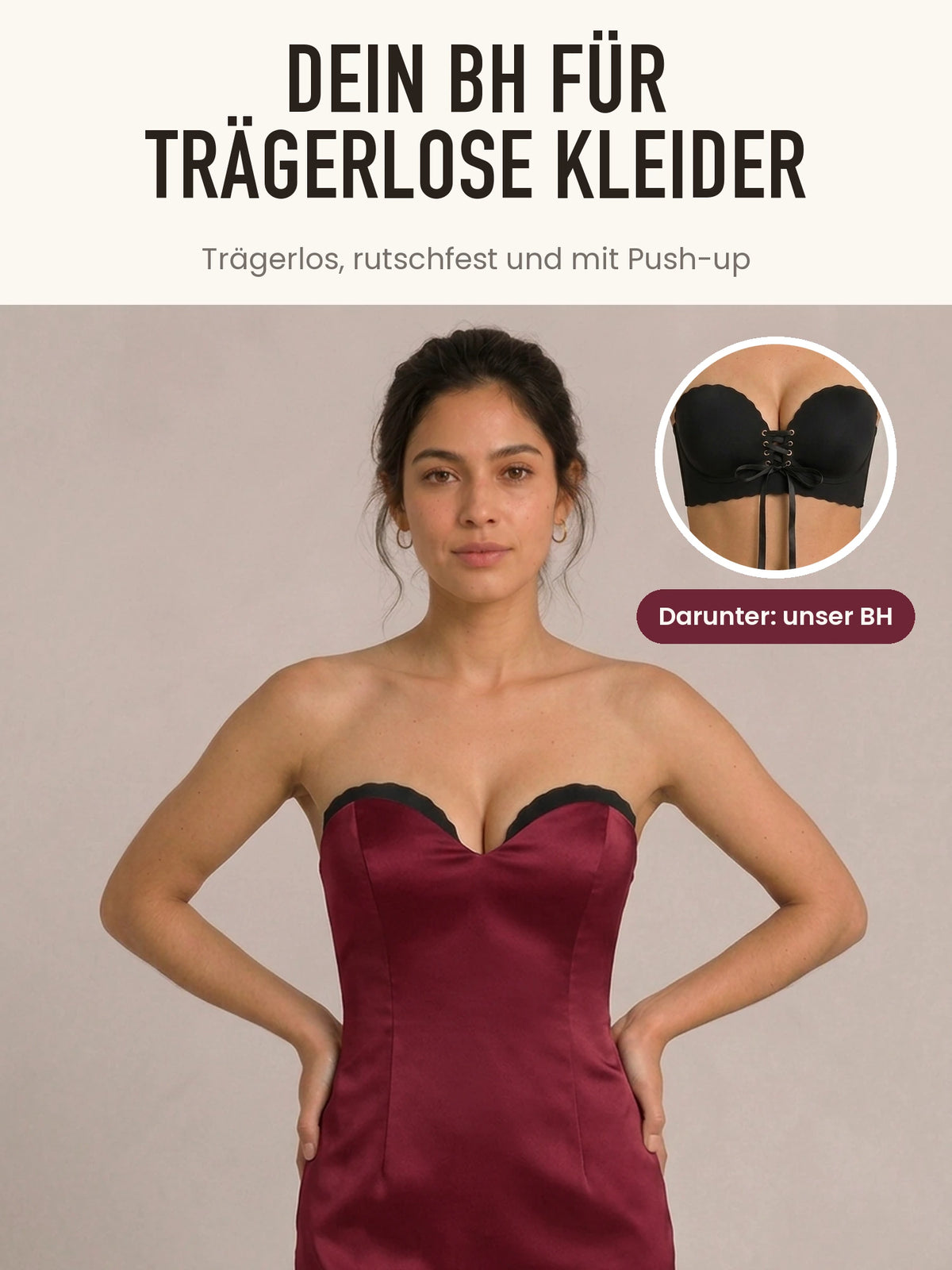 Der BH unter einem trägerlosen Bordeaux-Kleid getragen
