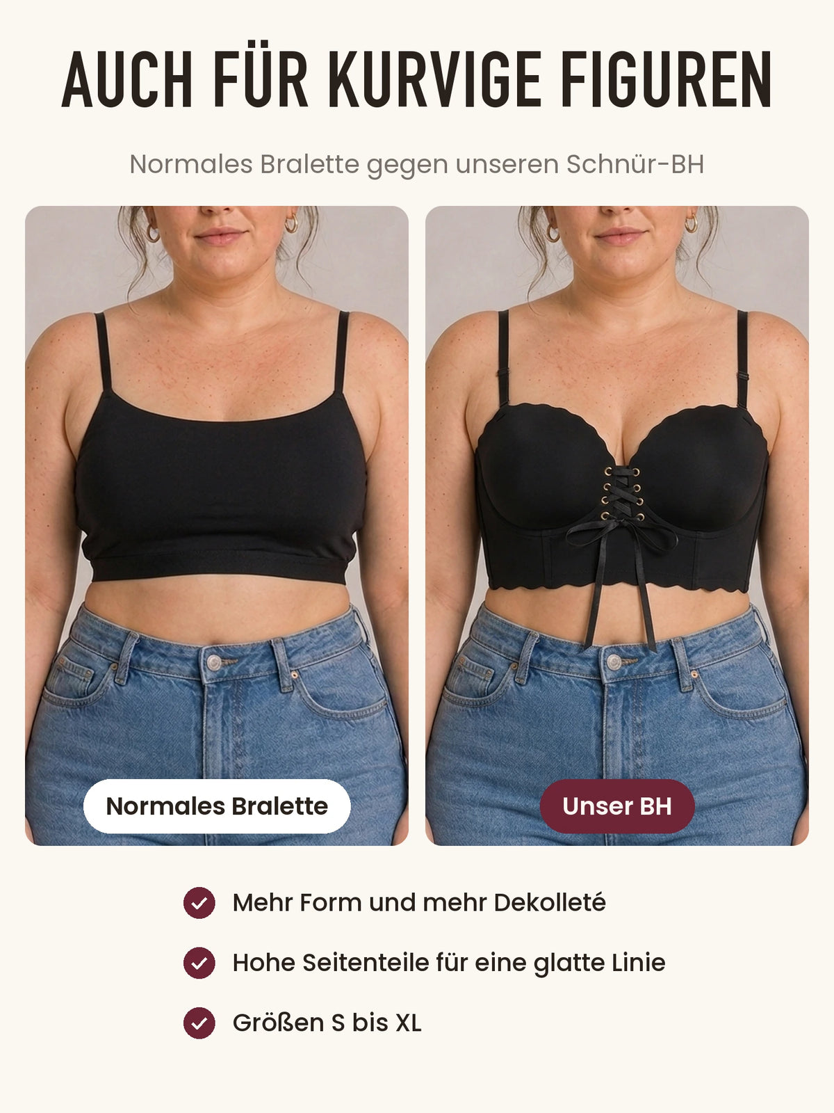 Auch für kurvige Figuren: normales Bralette im Vergleich zum Push-up-BH mit Schnürung