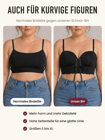 Auch für kurvige Figuren: normales Bralette im Vergleich zum Push-up-BH mit Schnürung