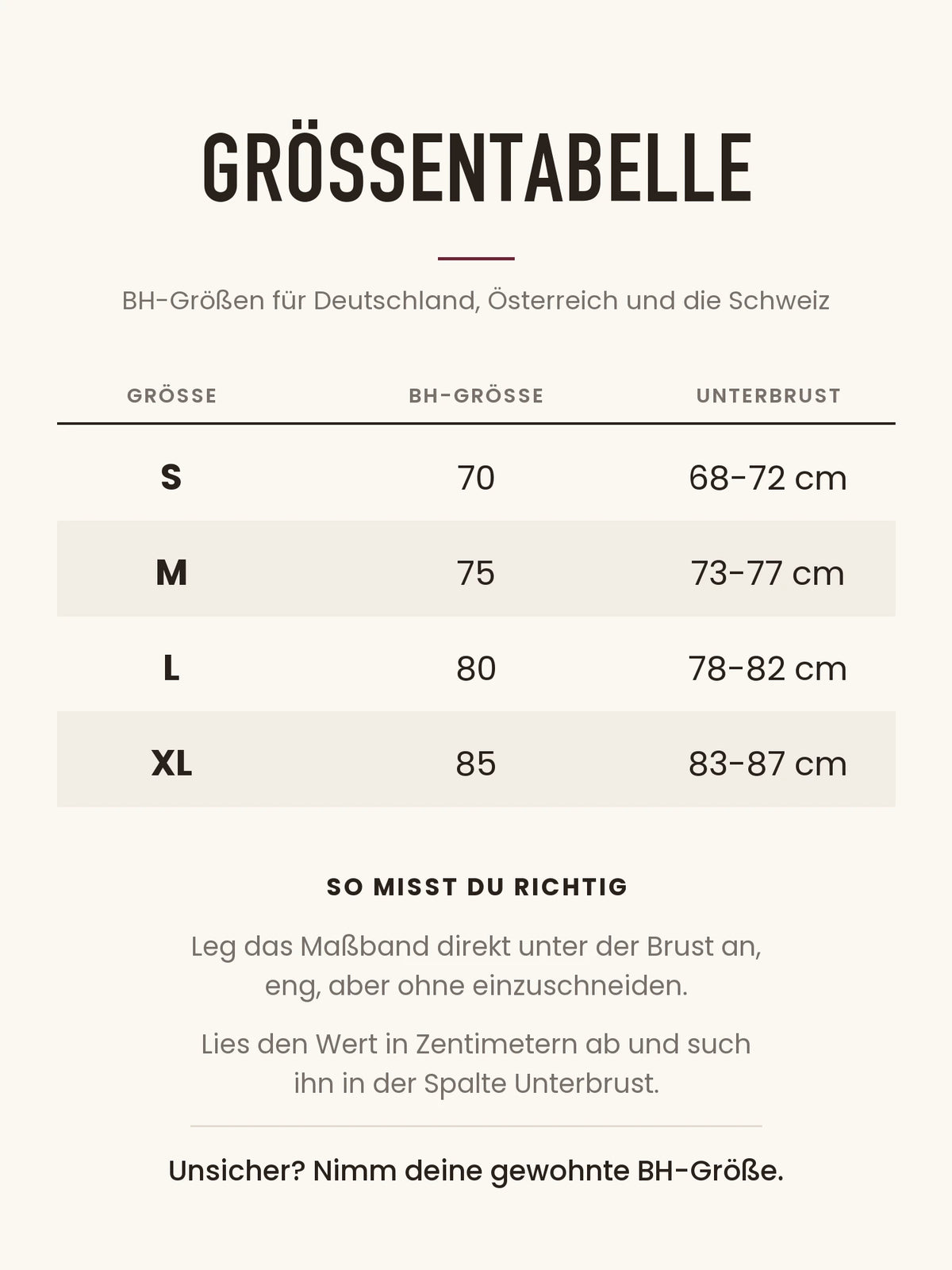 Größentabelle für Deutschland, Österreich und die Schweiz: S bis XL, BH-Größe 70 bis 85, Unterbrust 68 bis 87 cm