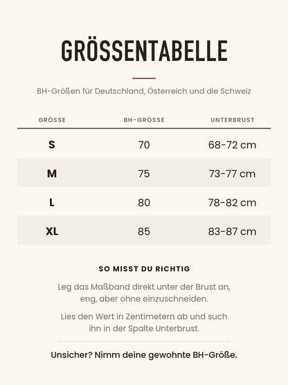 Größentabelle für Deutschland, Österreich und die Schweiz: S bis XL, BH-Größe 70 bis 85, Unterbrust 68 bis 87 cm