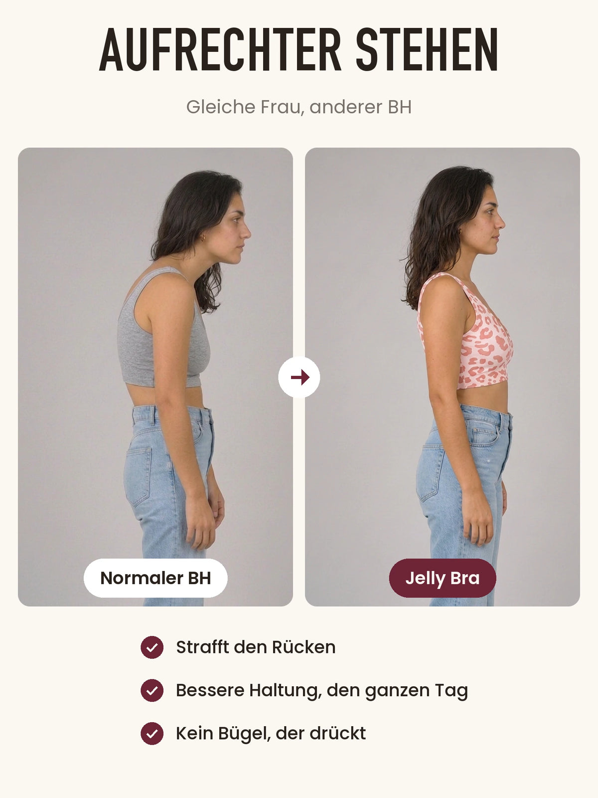 Haltung mit normalem BH und mit dem Jelly Bra im Vergleich