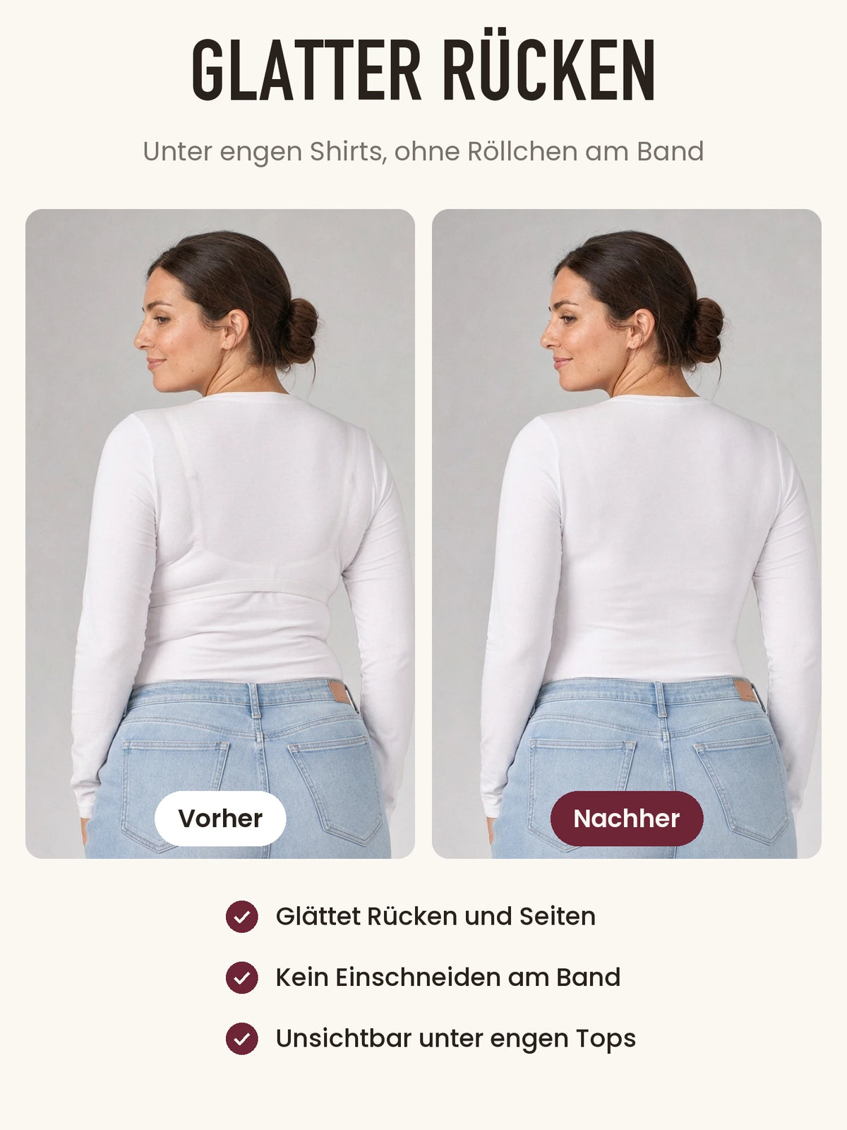 Glatter Rücken unter engem Shirt, vorher und nachher