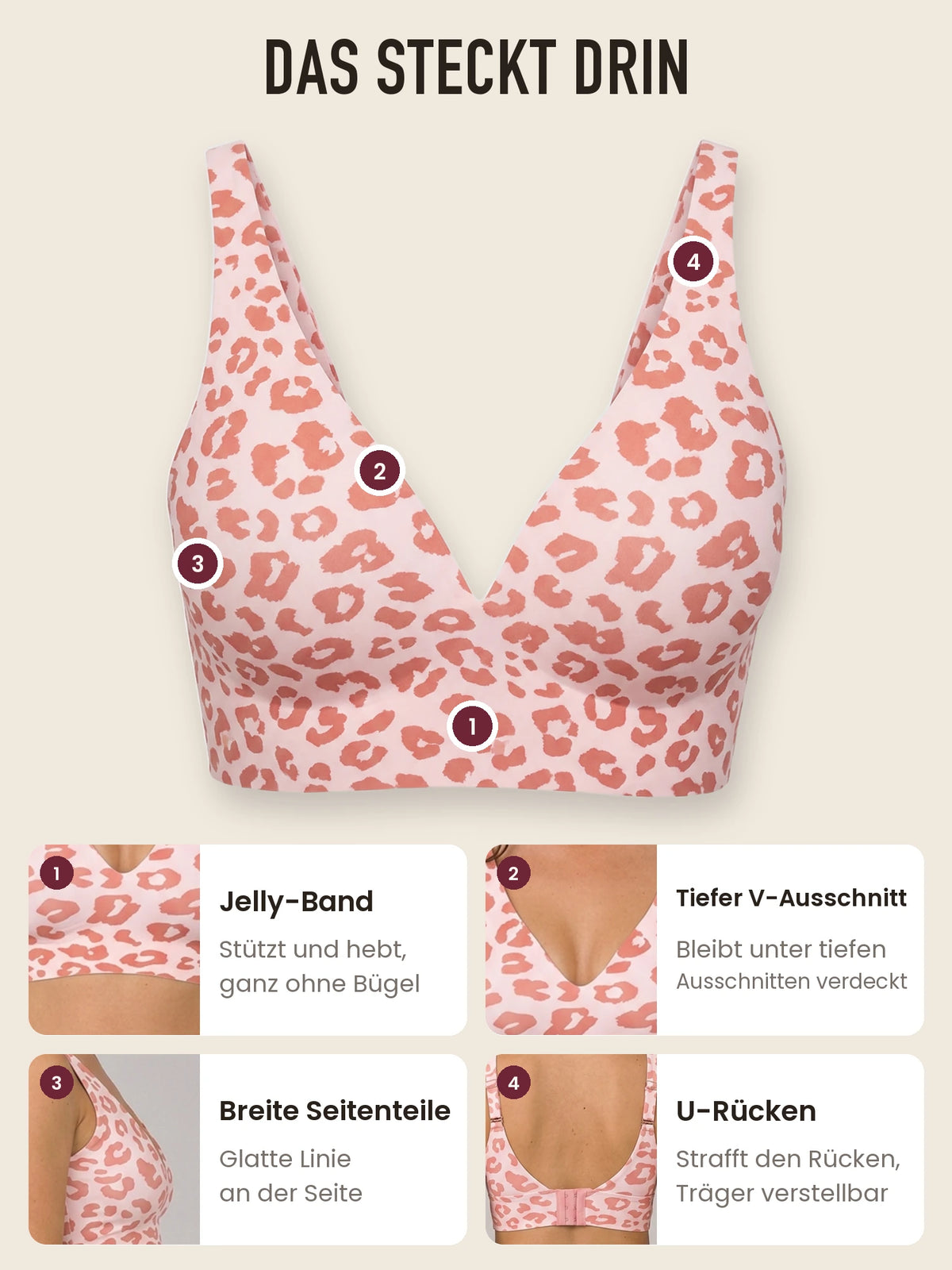 Das steckt im Jelly Bra: Jelly-Band, tiefer V-Ausschnitt, breite Seitenteile, U-Rücken