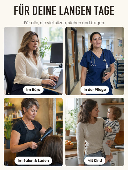 Für lange Tage im Büro, in der Pflege, im Salon und mit Kind