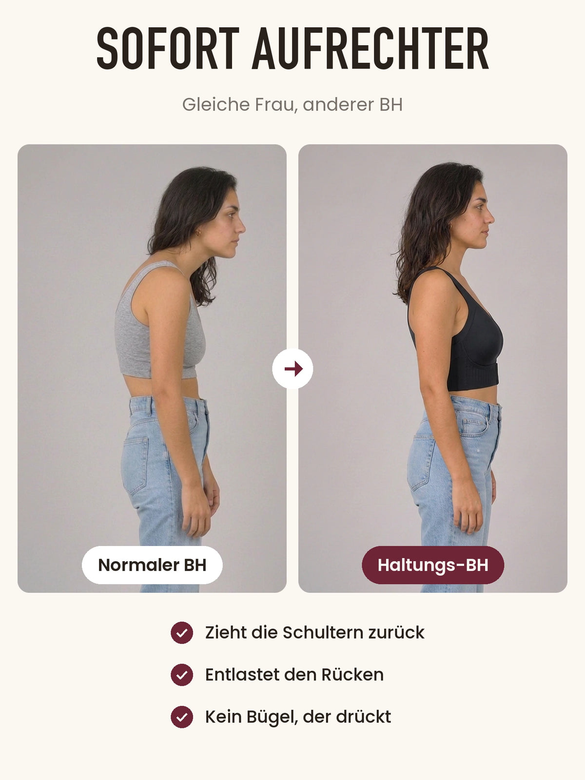 Vorher und nachher: aufrechtere Haltung mit dem Haltungs-BH