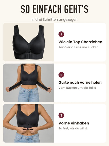 So geht's: überziehen, Gurte nach vorne holen, vorne einhaken