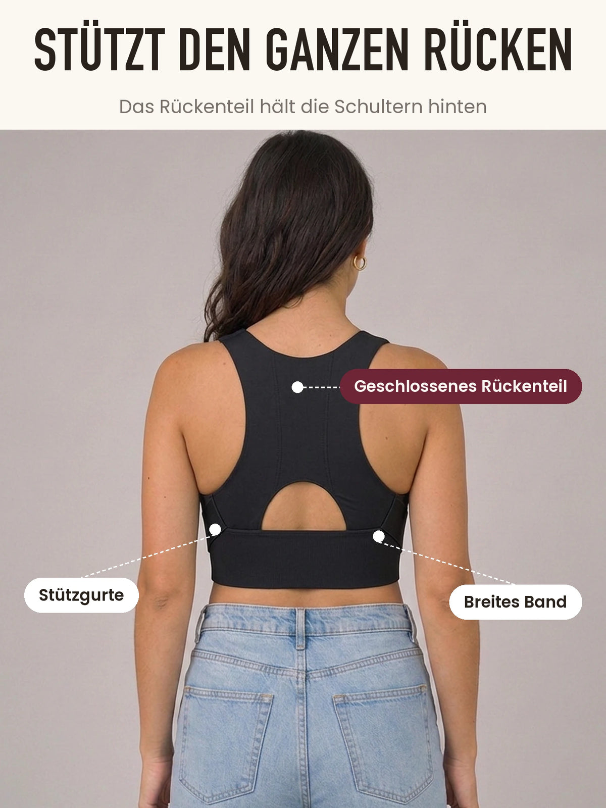 Rückenansicht mit geschlossenem Rückenteil und Stützgurten