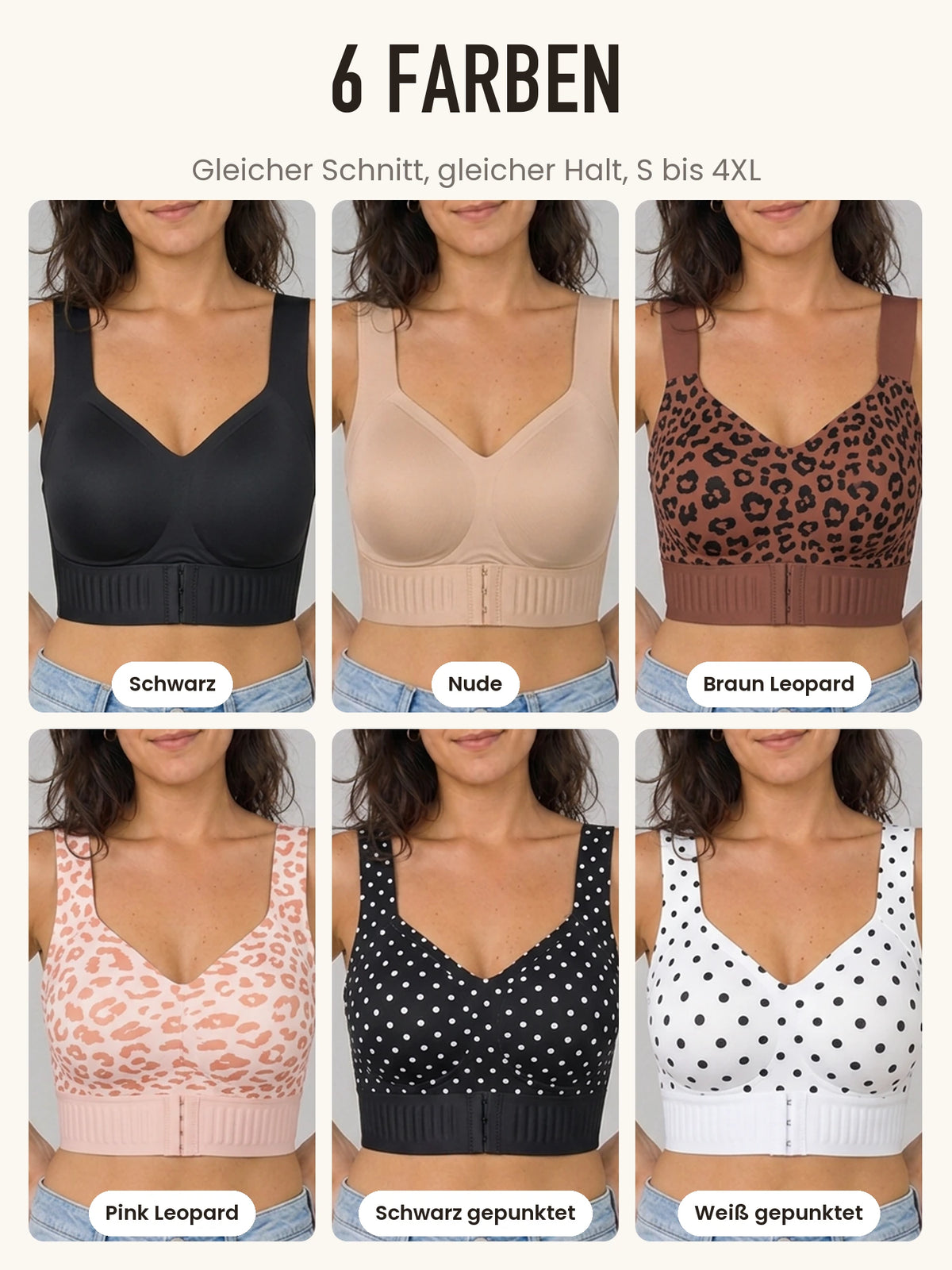 6 Farben: Schwarz, Nude, Braun Leopard, Pink Leopard, Schwarz gepunktet, Weiß gepunktet